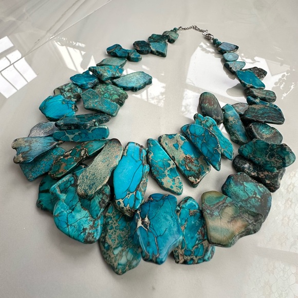 Aqua Jasper Gemstone Slab Statement Necklace-Sterling Silver-Boho Chic - Picture 4 of 8
